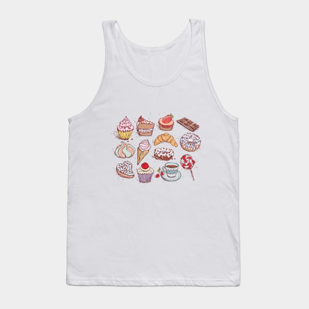 Hand drawn confectionery croissant Cupcake candy marshmallow ice cream cake donut and coffee. Tank Top by EkaterinaP